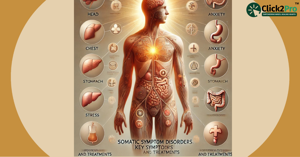 Illustration of Somatic Symptom Disorders highlighting symptoms, psychological factors, and treatment areas.