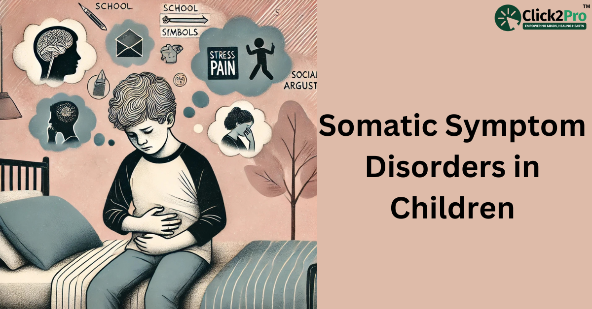 Illustration of a child with somatic symptom disorders, showing stress, physical pain, and emotional triggers.