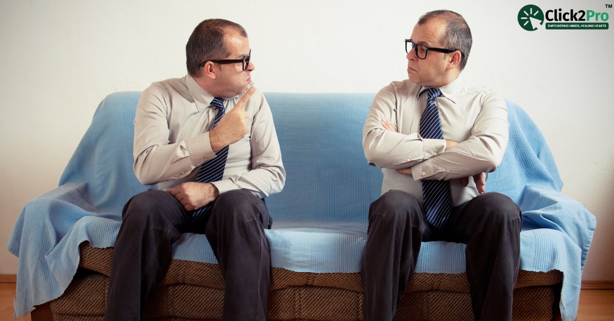 Two identical men on a couch, representing split personality disorder and identity conflict.