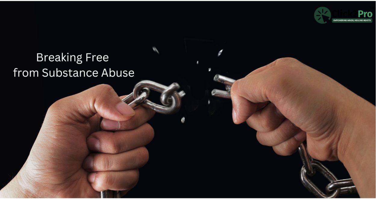 Breaking free from substance abuse: hands breaking chains symbolizing recovery and empowerment.