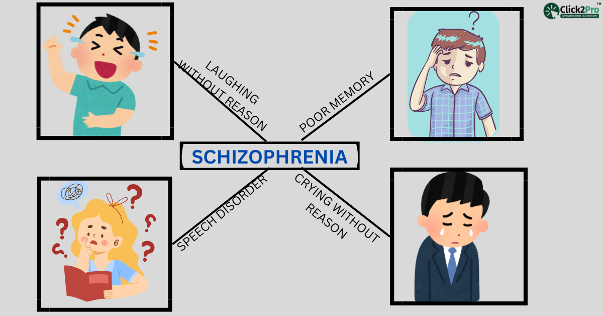 Symptoms of schizophrenia: laughing, crying without reason, poor memory, and speech disorders.