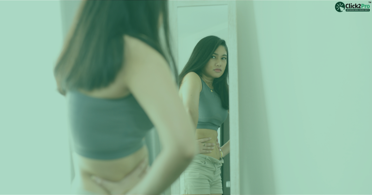 Teen girl struggling with body image, looking at herself in the mirror – counseling for self-esteem