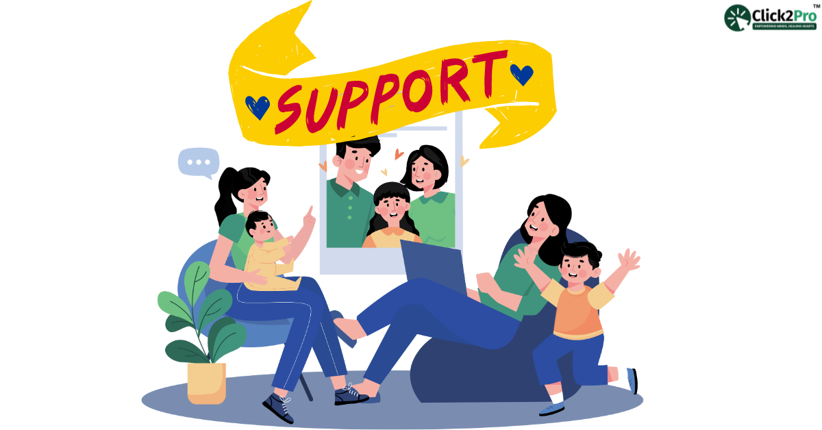 Supporting Children with Communication Disorders | Best Tips & Care	Illustration of a supportive family engaging with each other and a therapist online, symbolizing support for children with communication disorders.