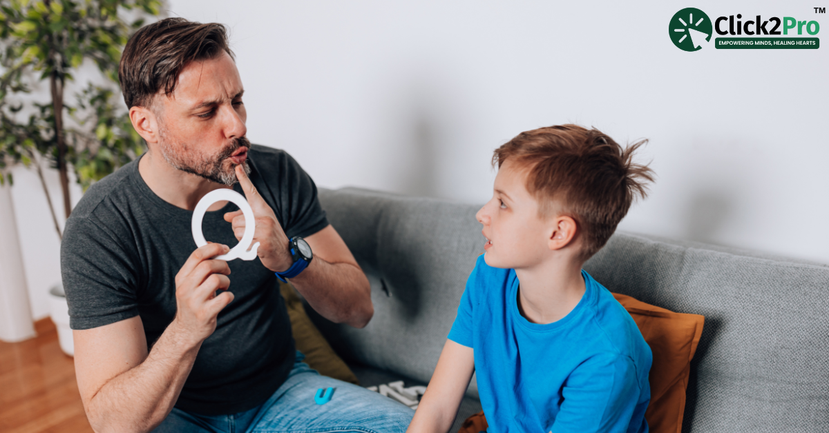 Therapist guiding child with body language cues for personal growth and communication improvement.