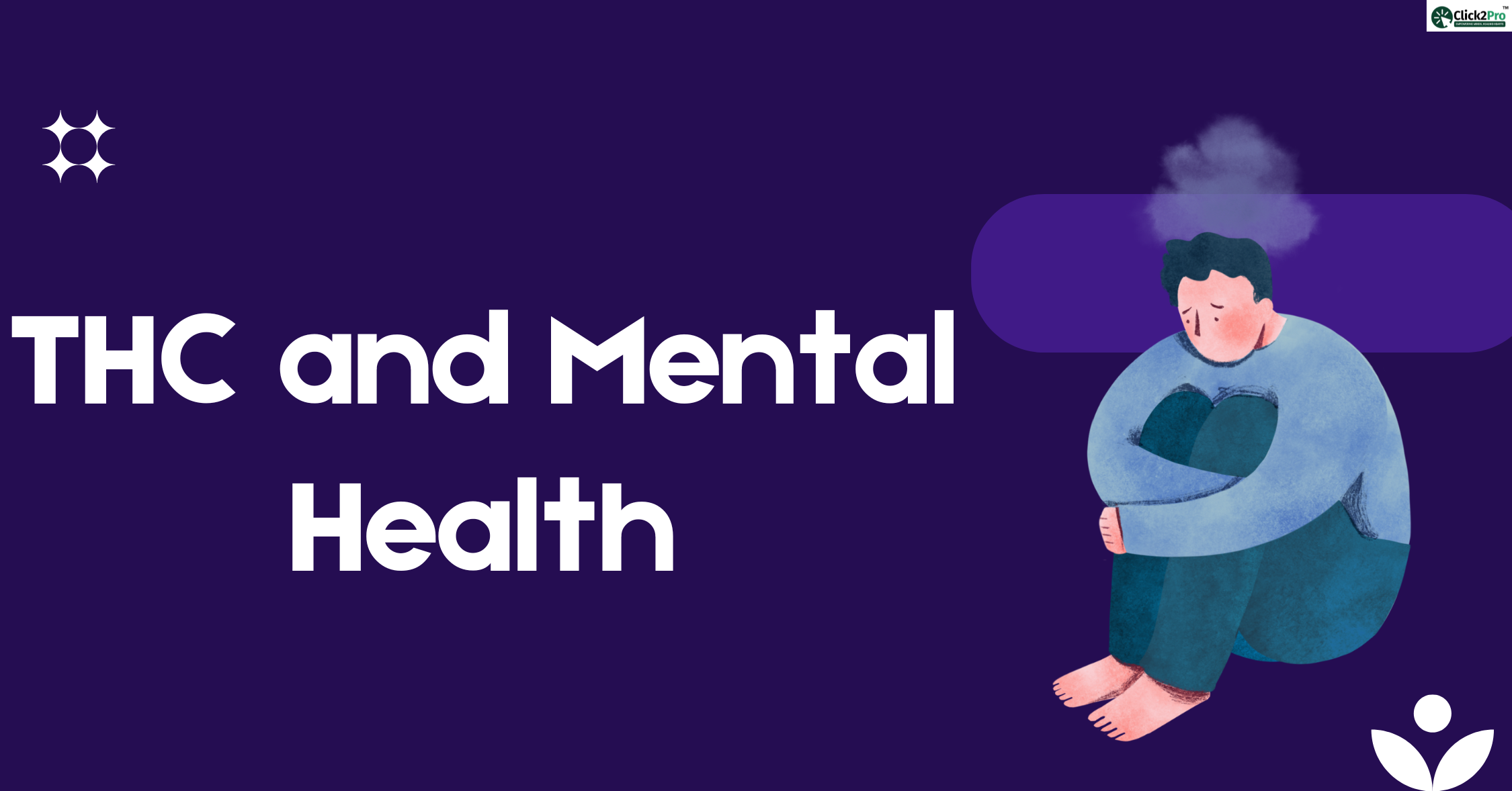 Illustration of person feeling low with text 'THC and Mental Health' on dark background