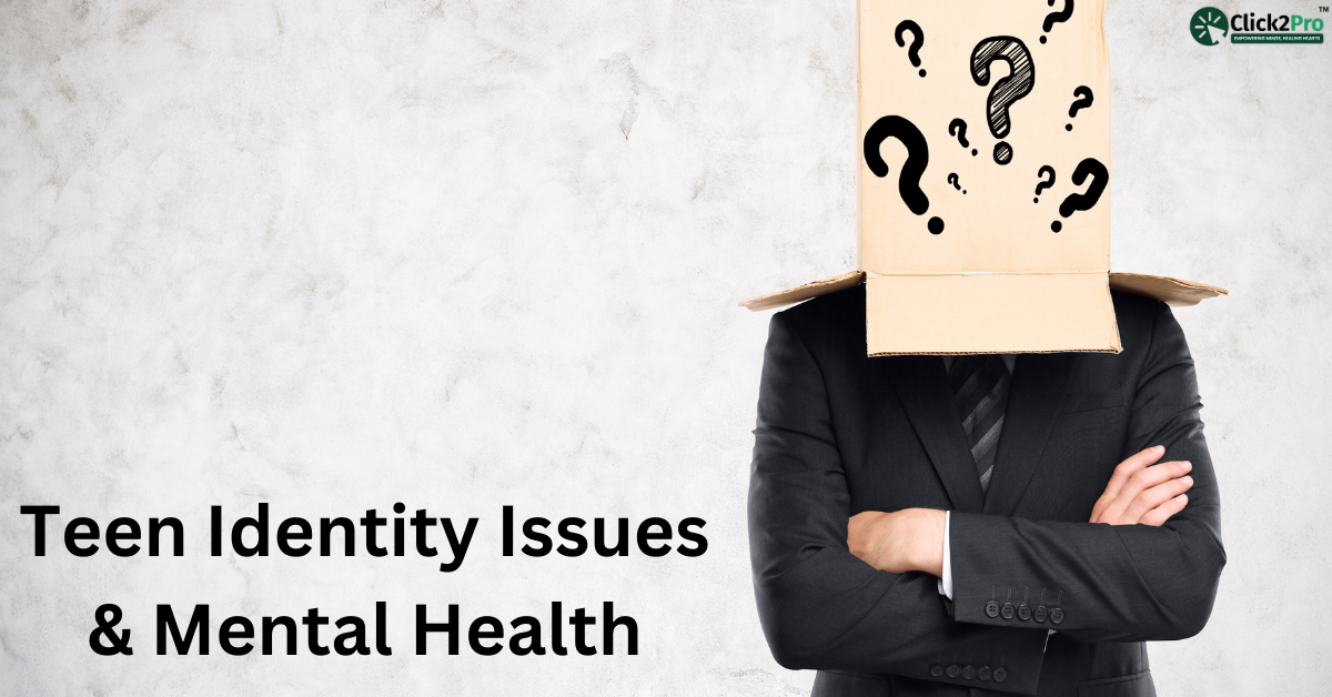 Teen identity issues and mental health challenges represented by a person with a box and question marks.