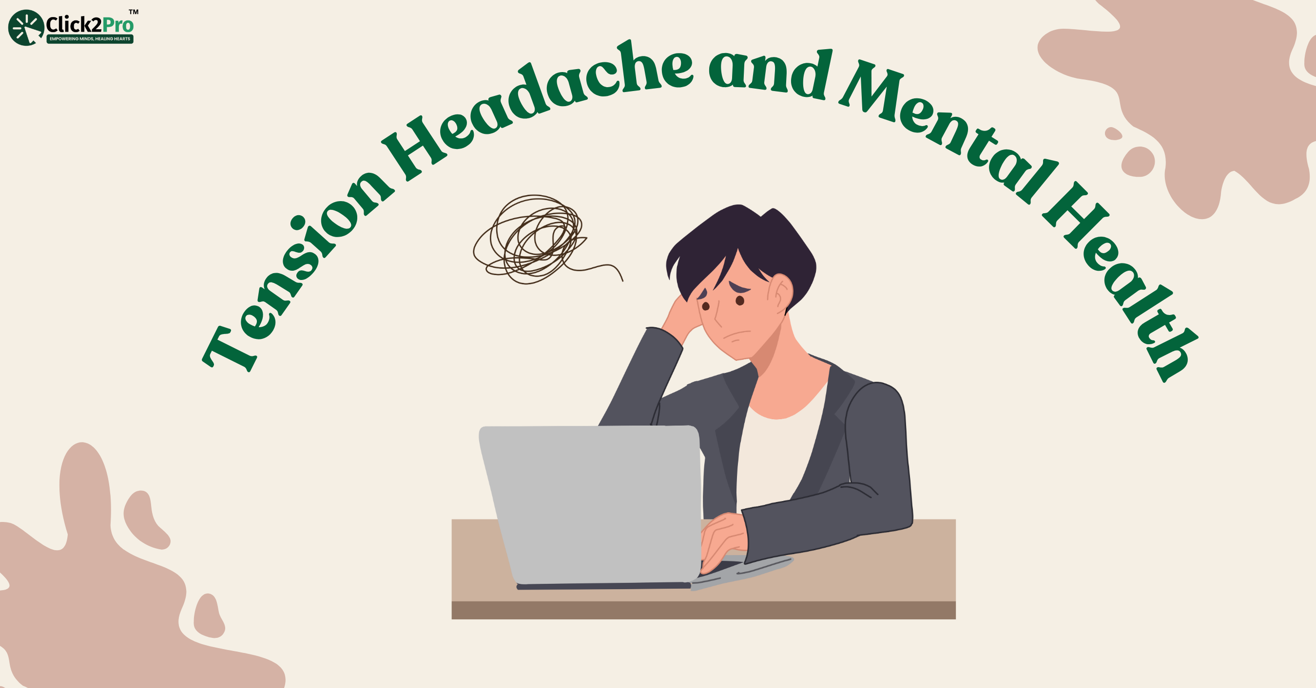 Illustration of stressed man with tension headache using laptop, related to mental health issues.