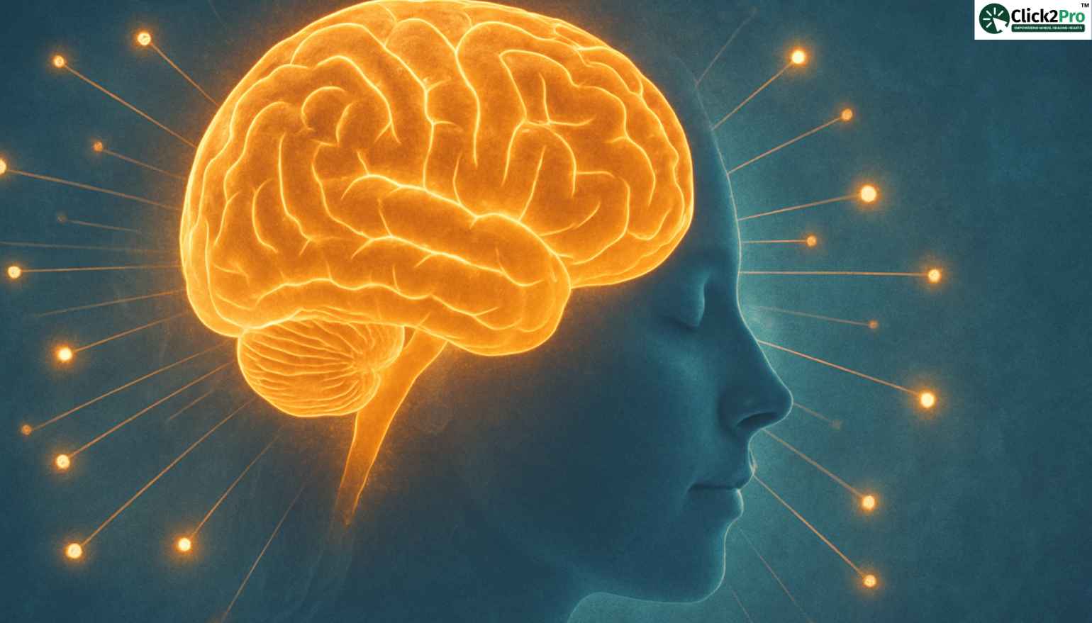 Illustration of human brain glowing with neural activity and affirmations effect