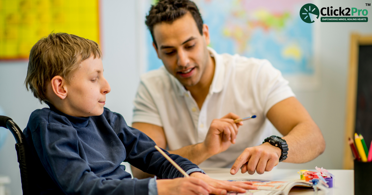 Child with developmental delays receiving support from a psychologist, highlighting mental health care.