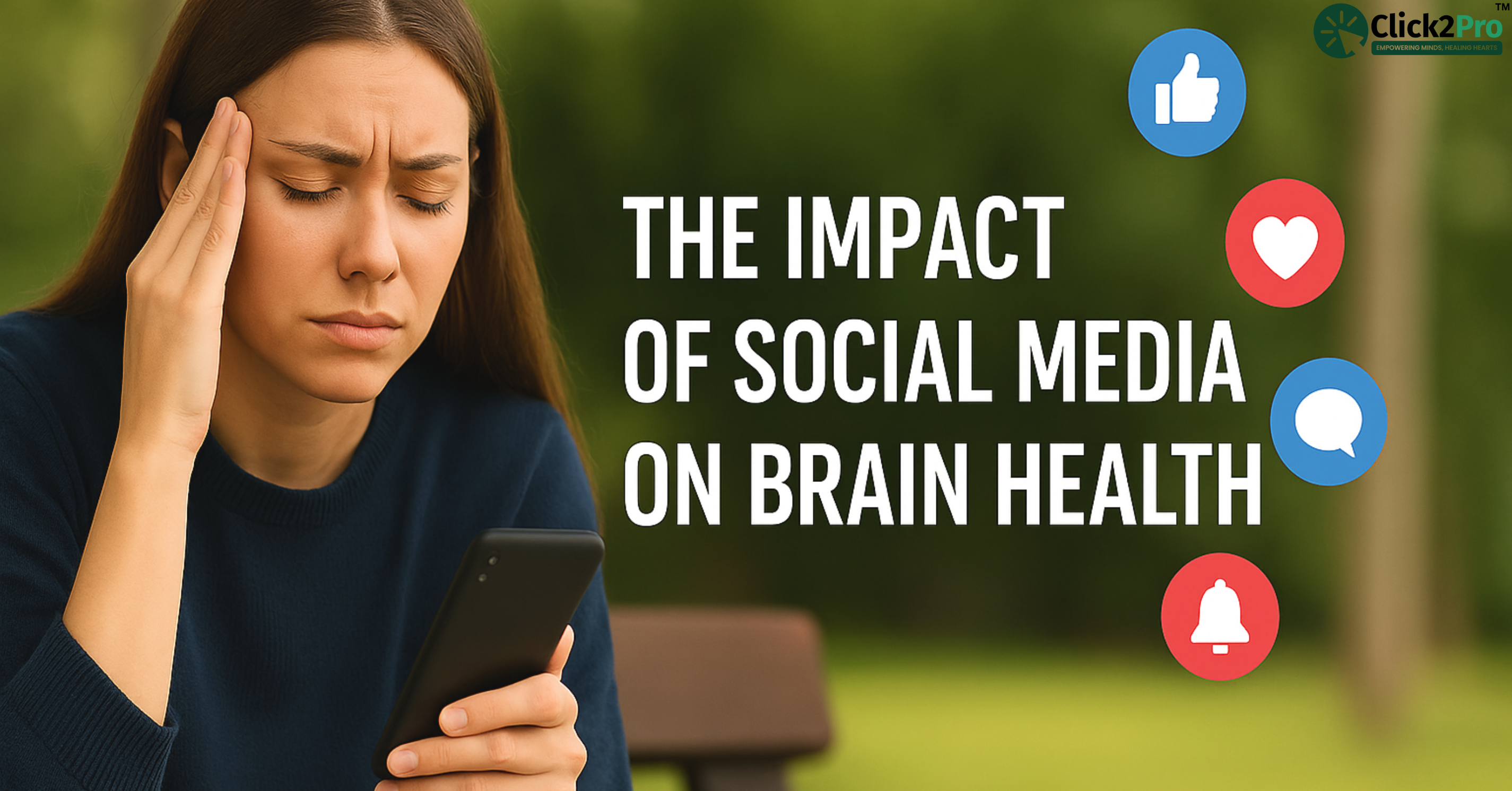 Woman feeling stressed while using phone, highlighting social media’s impact on brain health.