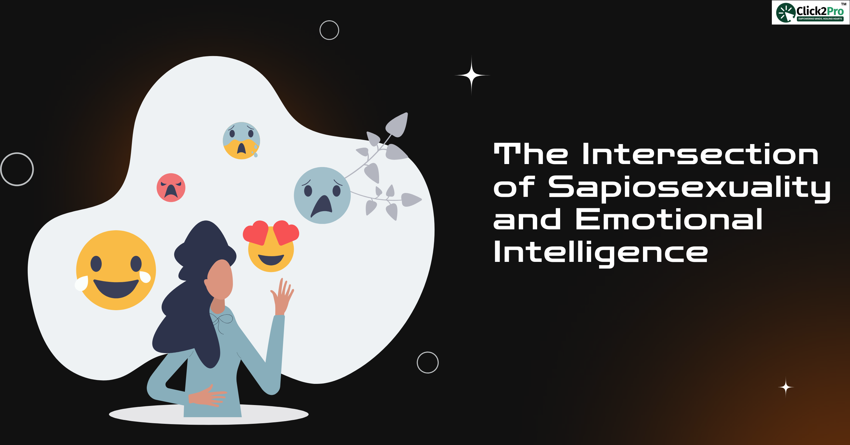 Woman surrounded by emotion icons symbolizing sapiosexuality and emotional intelligence