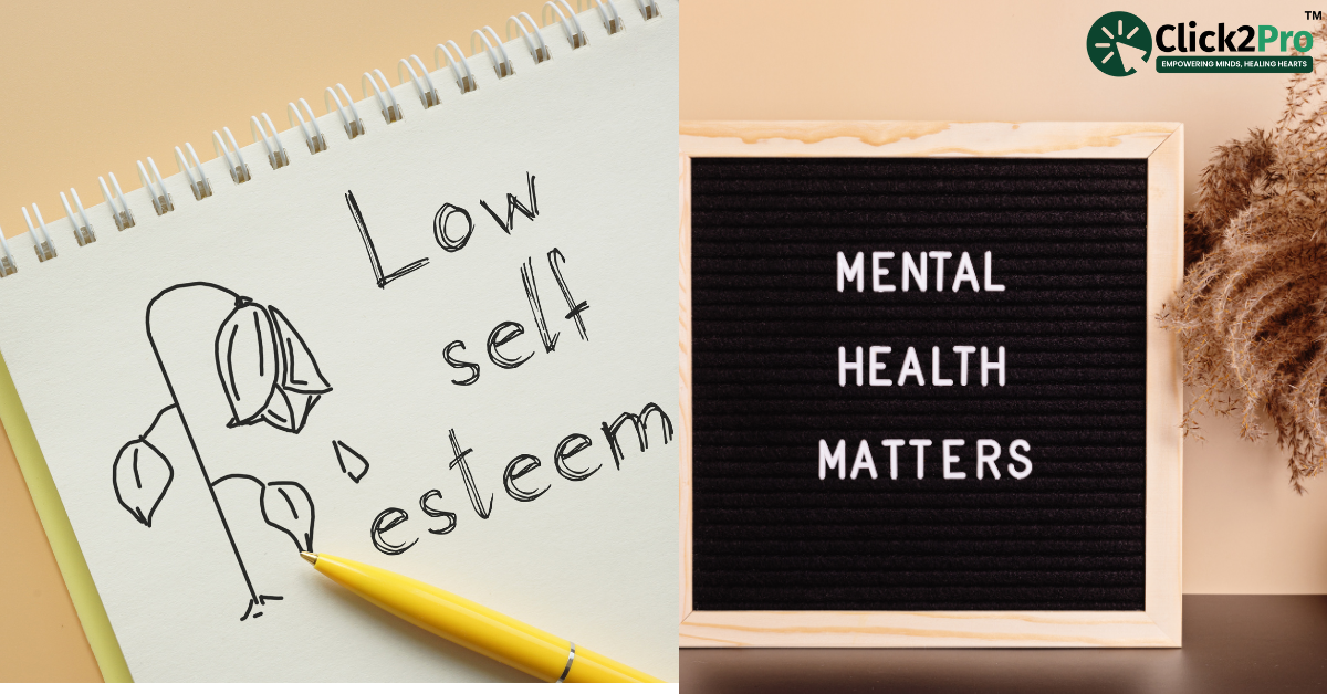 Low self-esteem and mental health matters illustrated with a wilted flower and motivational sign.