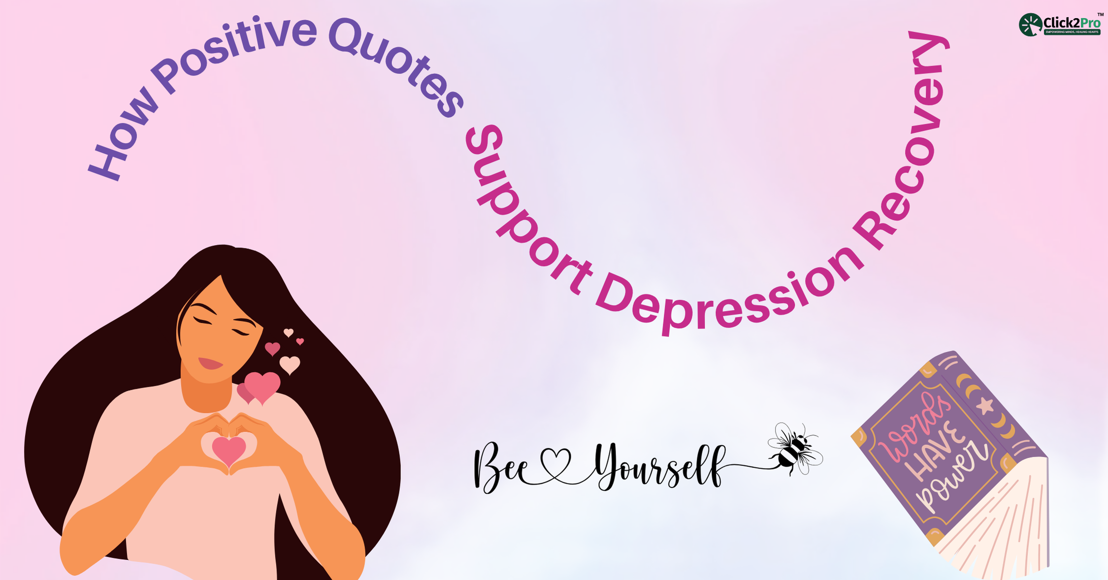 Woman with hearts and quote book symbolizing how positive quotes support depression recovery.