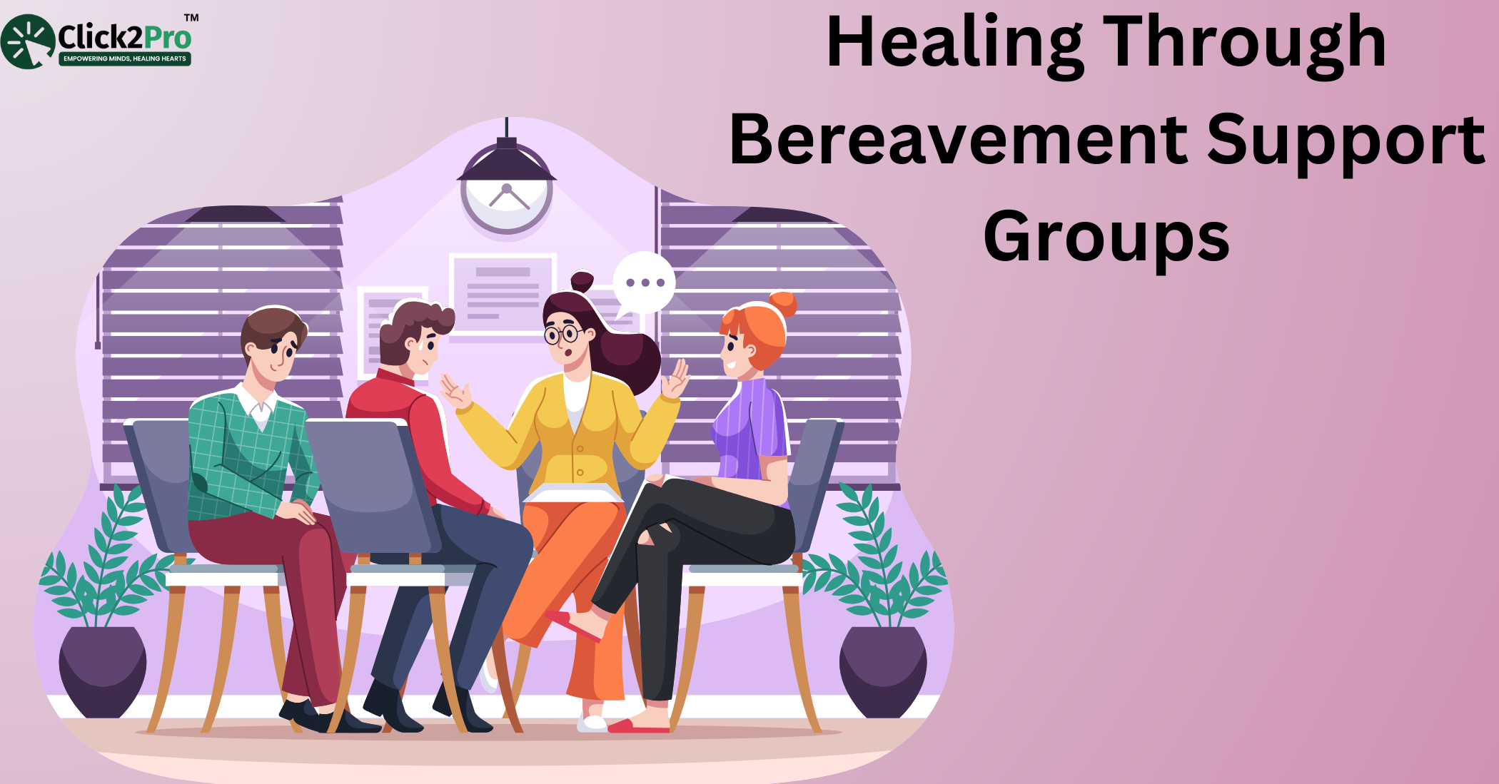 Illustration of a grief support group session, promoting healing through shared experiences and empathy.