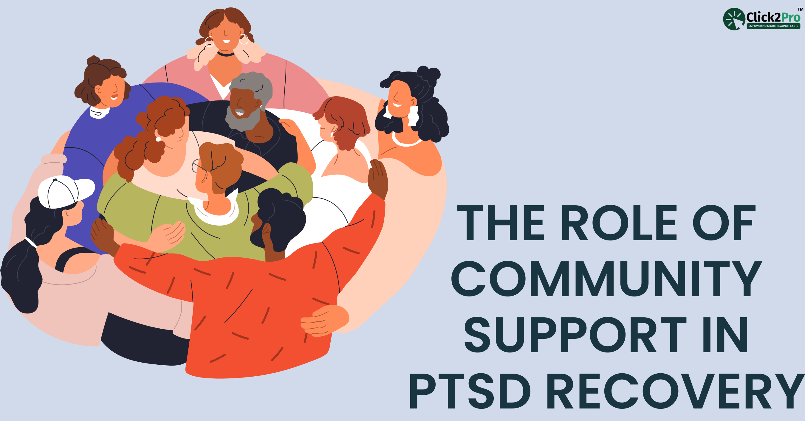 Illustration of diverse people in a supportive circle representing PTSD community healing in India.