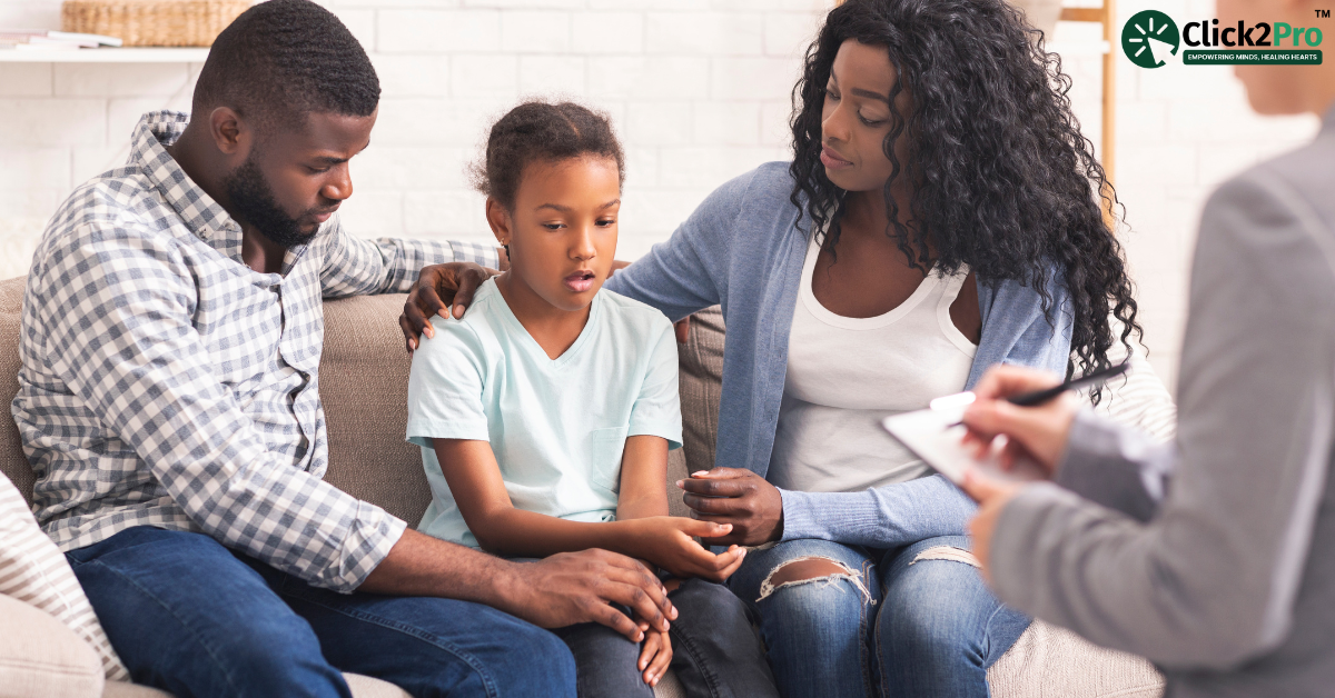 Family supporting child in therapy session for antisocial personality disorder treatment.