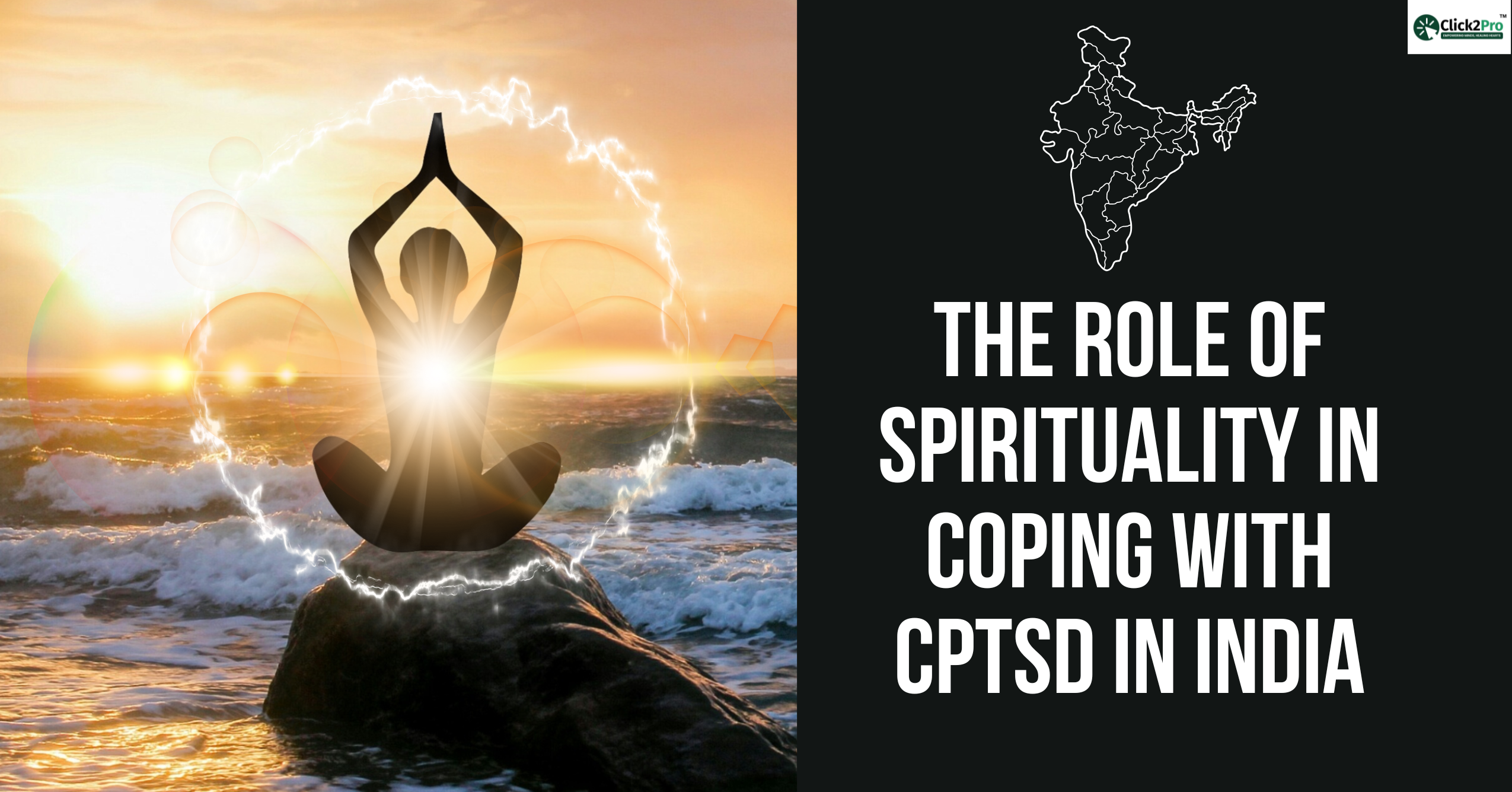 Silhouette meditating by ocean at sunrise, symbolizing spirituality for CPTSD healing in India