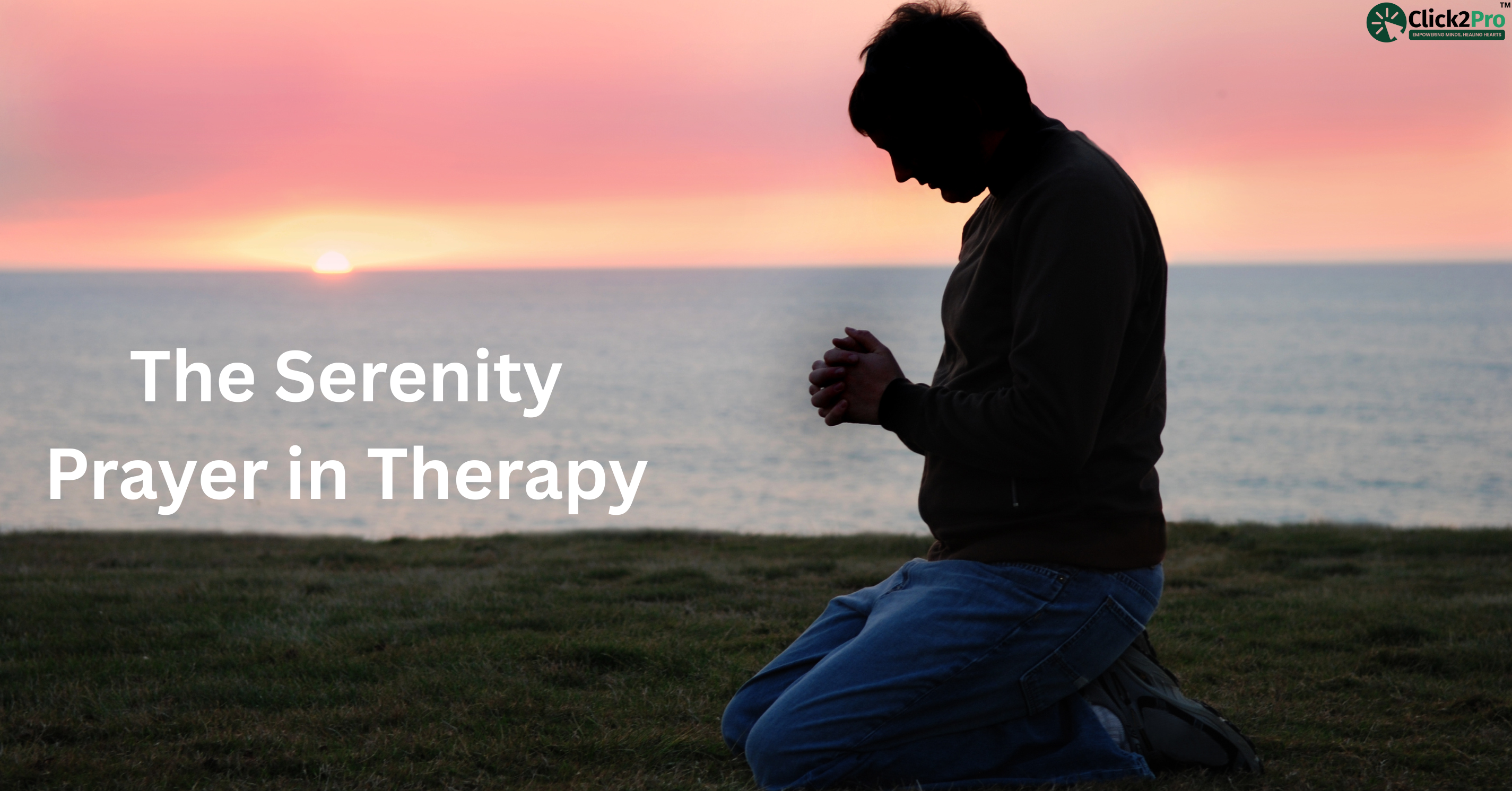 Man kneeling by the ocean at sunset practicing the Serenity Prayer in therapy for emotional healing