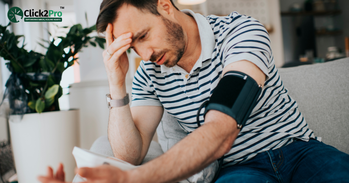 Man with hypertension checking blood pressure, experiencing silent symptoms. Learn more on Click2Pro.