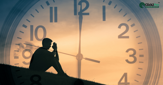 Man sitting in contemplation with a clock overlay, representing time stress and management.