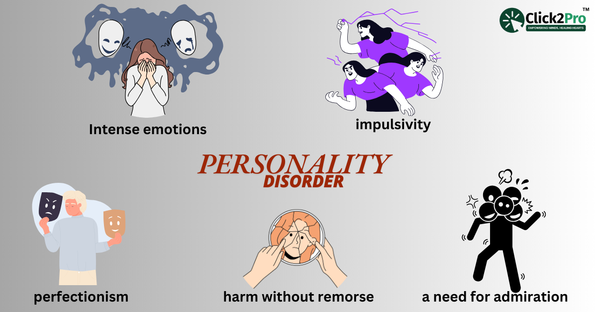 Illustration of Histrionic Personality Disorder traits: intense emotions, impulsivity, perfectionism, harm without remorse, need for admiration.