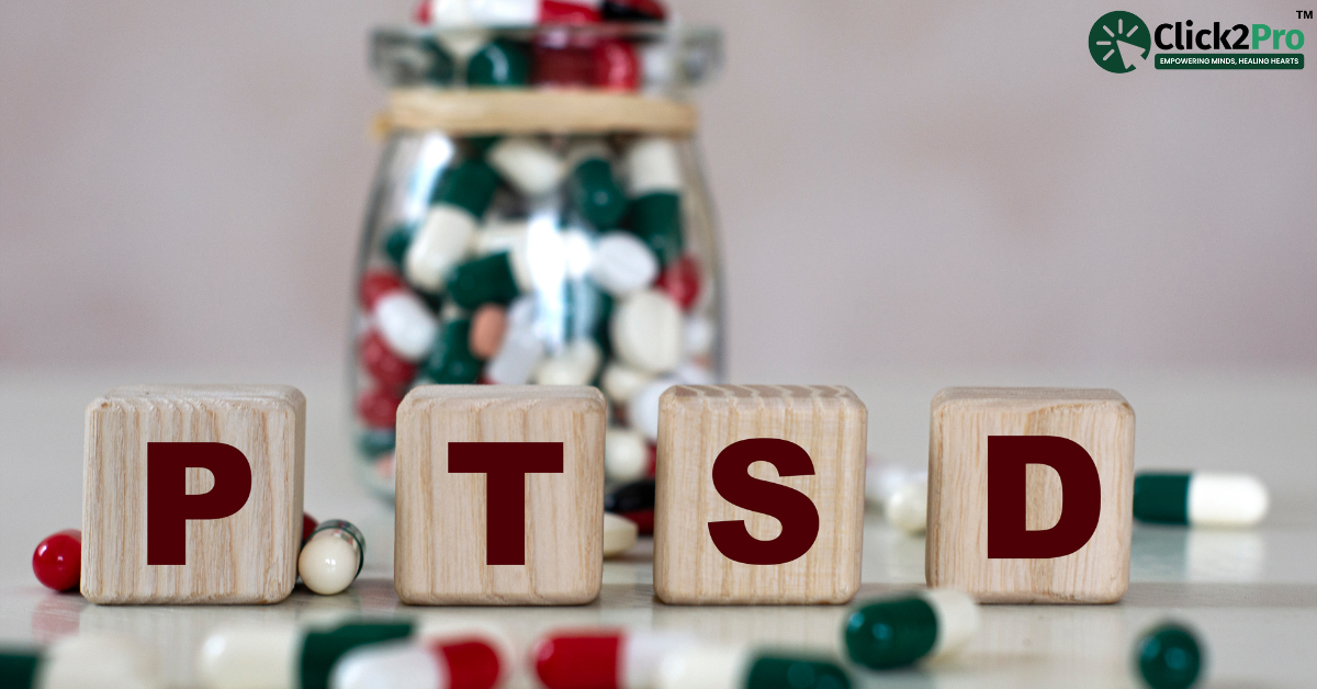 PTSD spelled on blocks with a background of pills symbolizing therapy and treatment for trauma recovery.