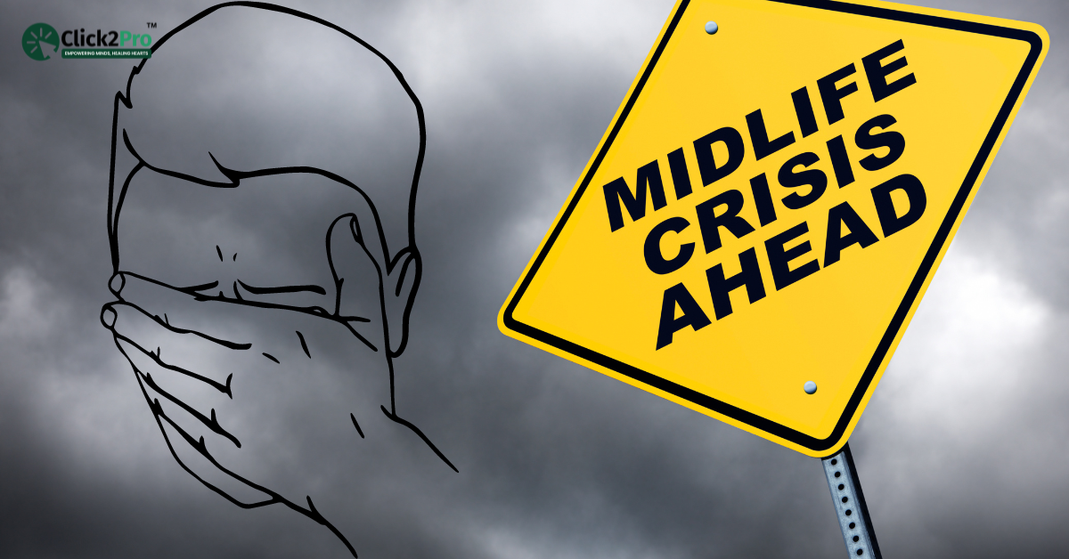 Midlife crisis ahead sign with a distressed person illustration and Click2Pro logo