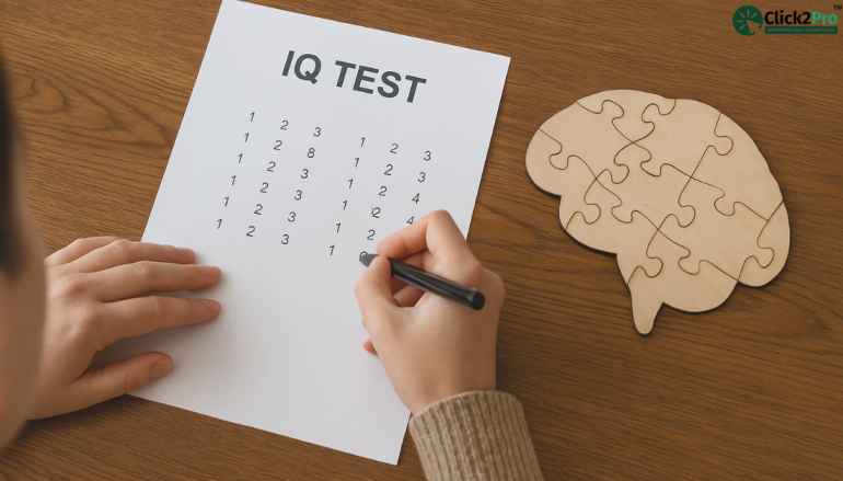Person taking a free IQ test with brain puzzle symbolizing intelligence and mental wellness