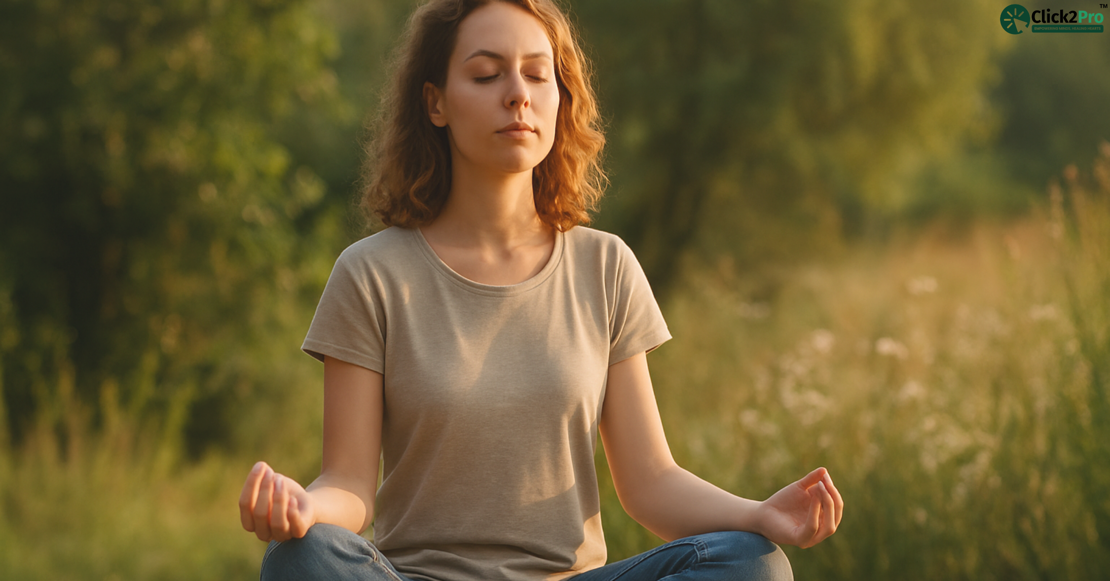 Woman practicing conscious self-awareness through outdoor meditation for mental clarity.