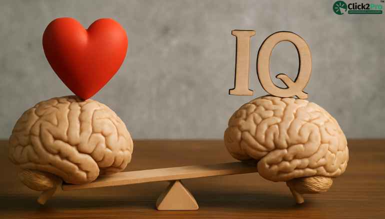 Heart and IQ symbols balanced on brains, showing emotional intelligence vs average IQ.