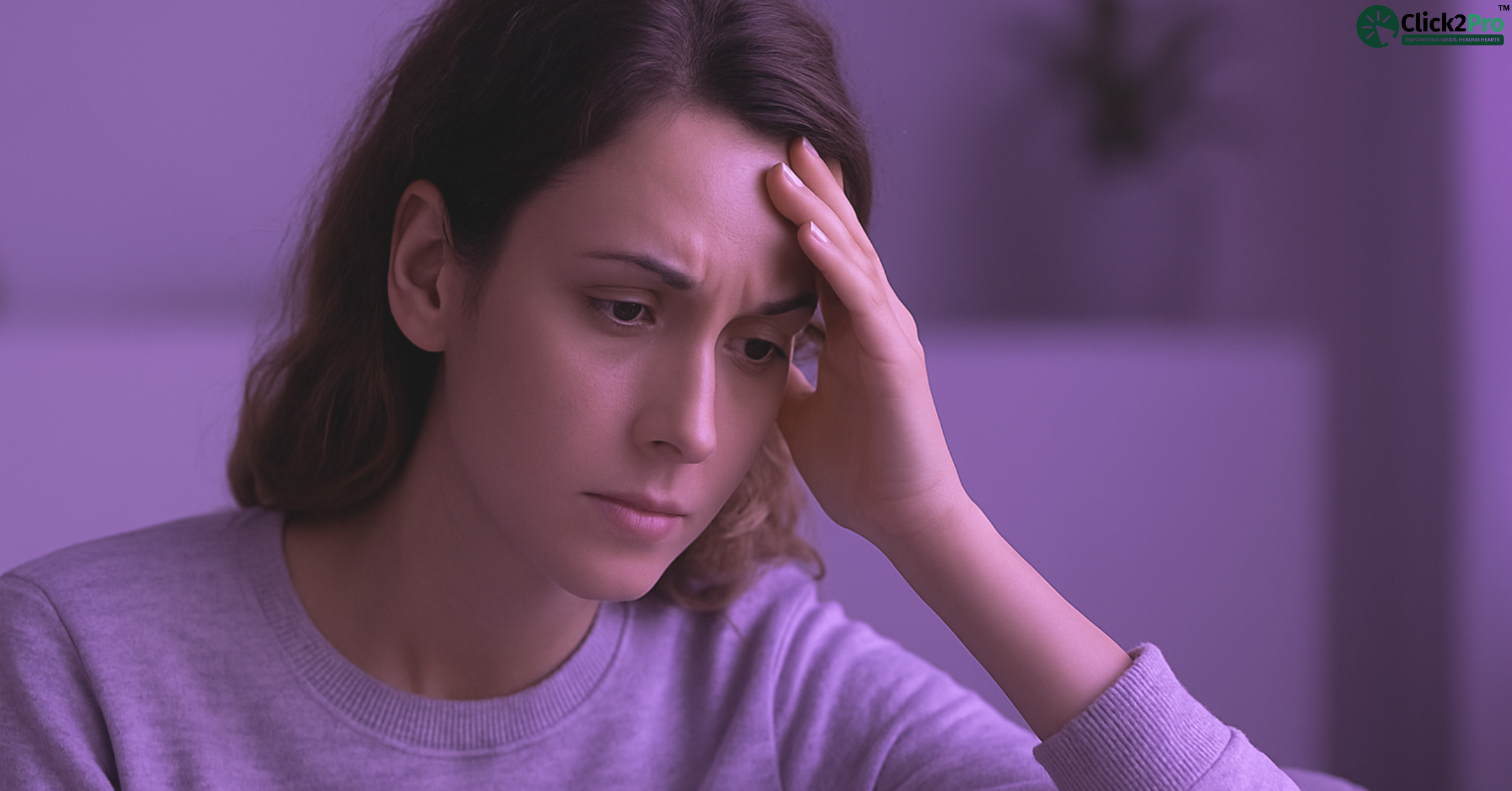 Anxious woman in purple light showing how the color purple affects mood and calm