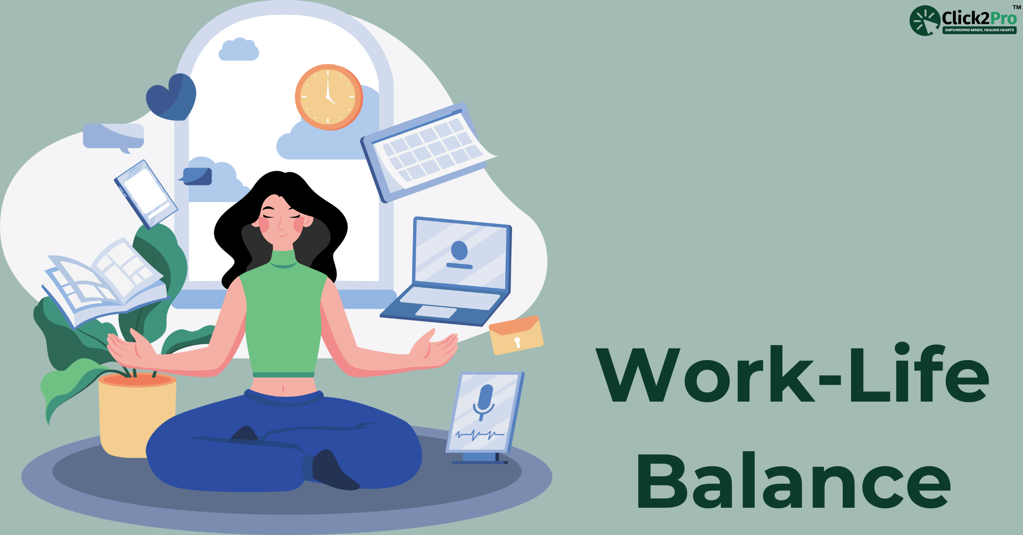 Illustration of a woman meditating, balancing work and life elements, promoting mental well-being.