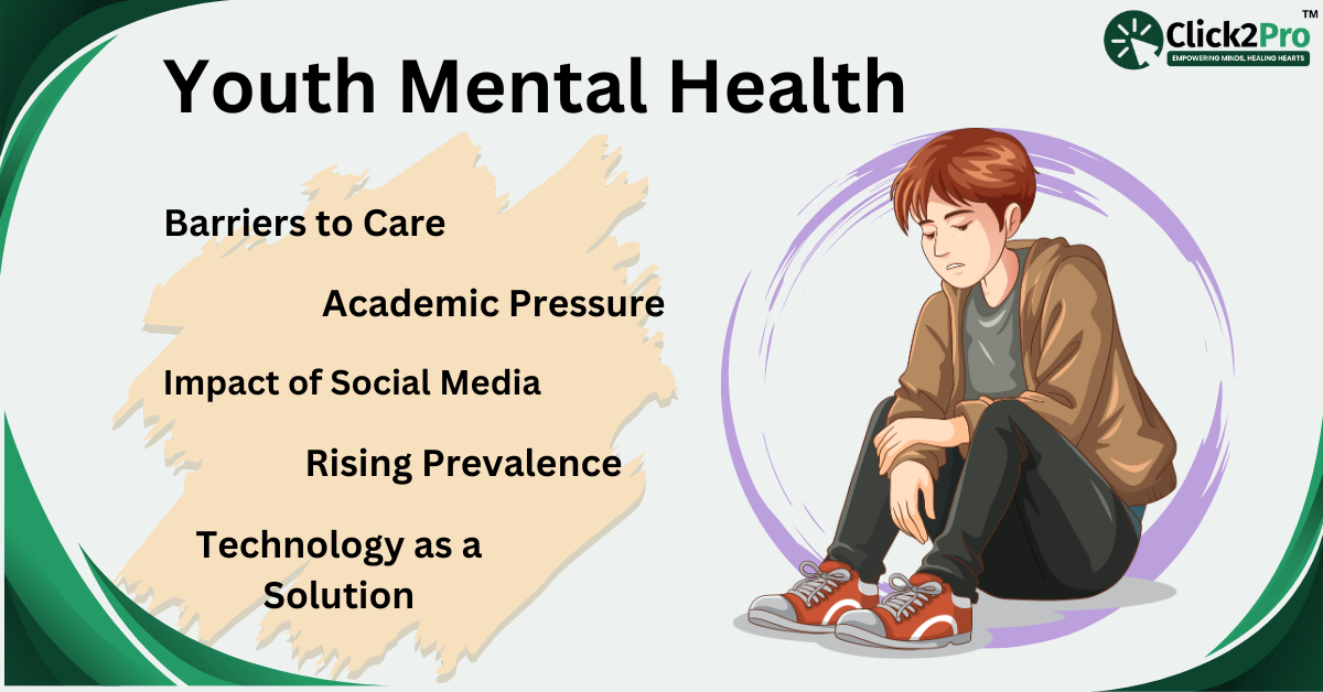 Youth Mental Health key challenges: Barriers to Care, Academic Pressure, Social Media, Rising Prevalence, Technology as a Solution.