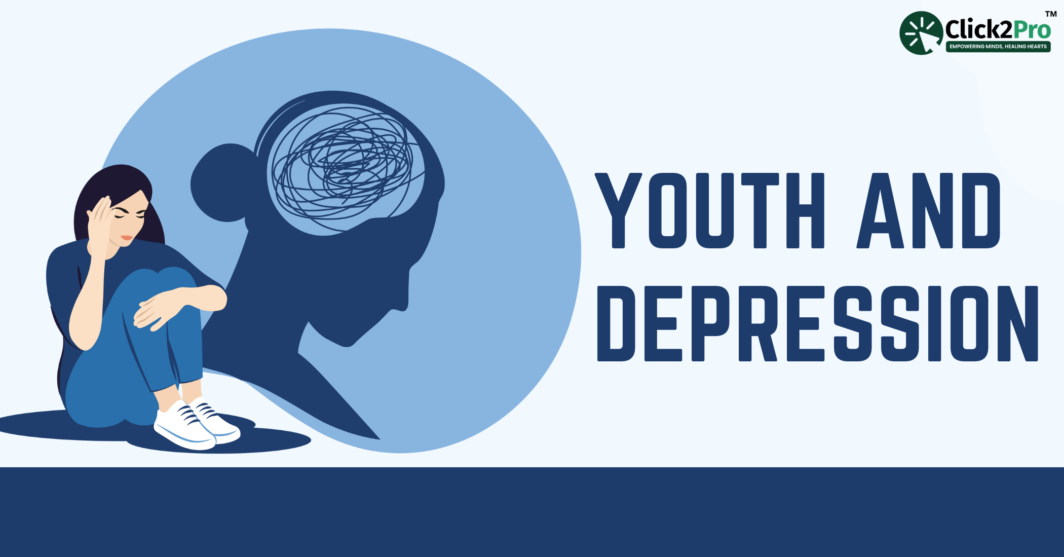 Young woman sitting distressed with tangled thoughts, representing youth depression and mental health struggles.