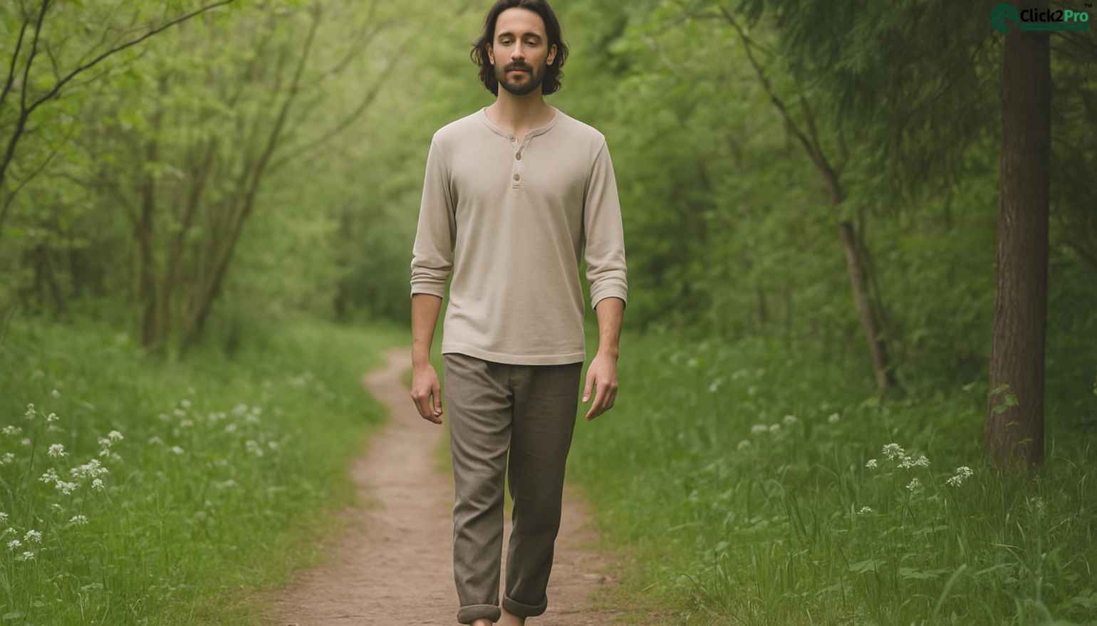 Man practicing Zen walking meditation on a peaceful forest path