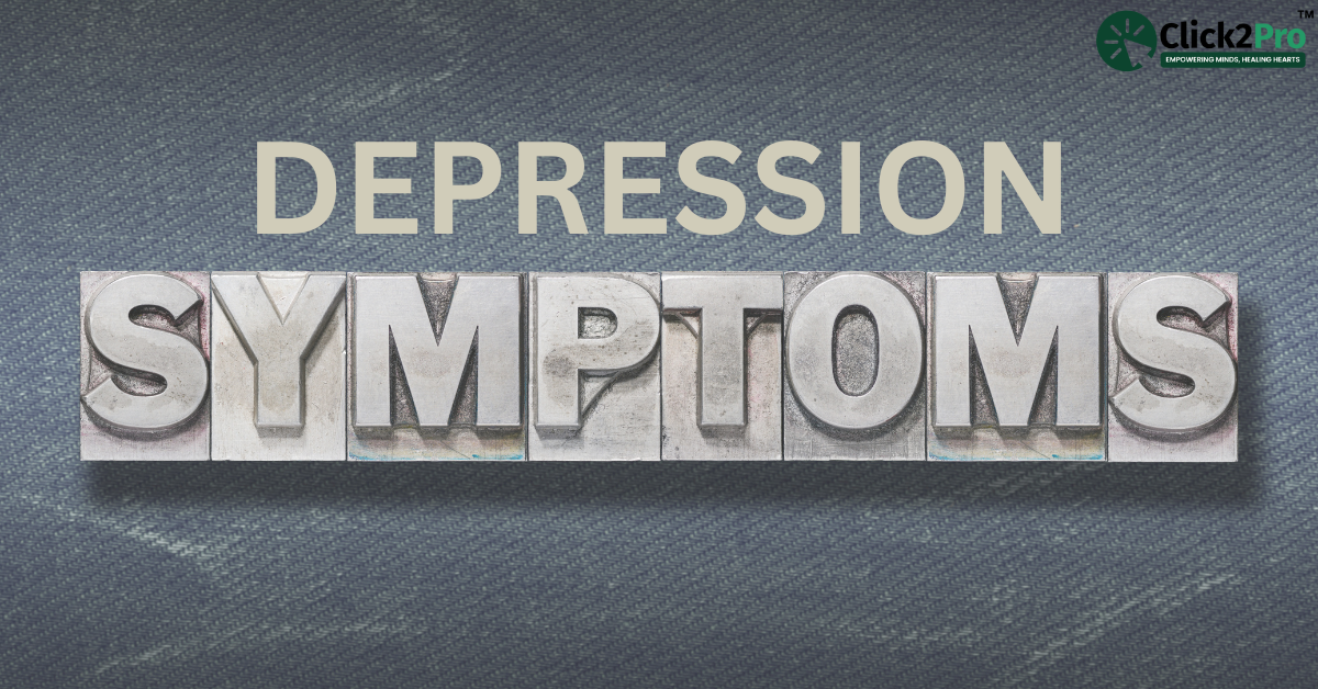 Depression Symptoms graphic with metal block typography, representing mental health focus by Click2Pro.