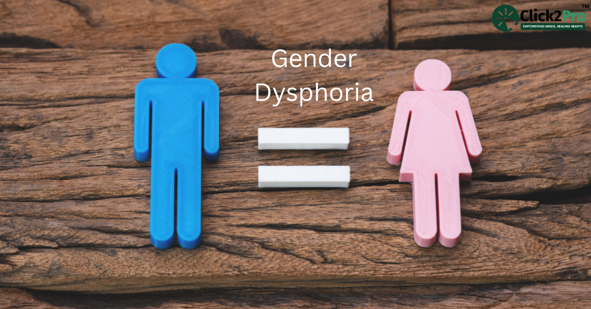 Gender Dysphoria - Blue male and pink female symbols with an equals sign on a wooden background.