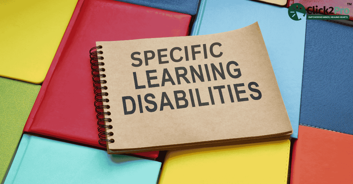 Notebook with title 'Specific Learning Disabilities' on colorful background – Click2Pro blog.