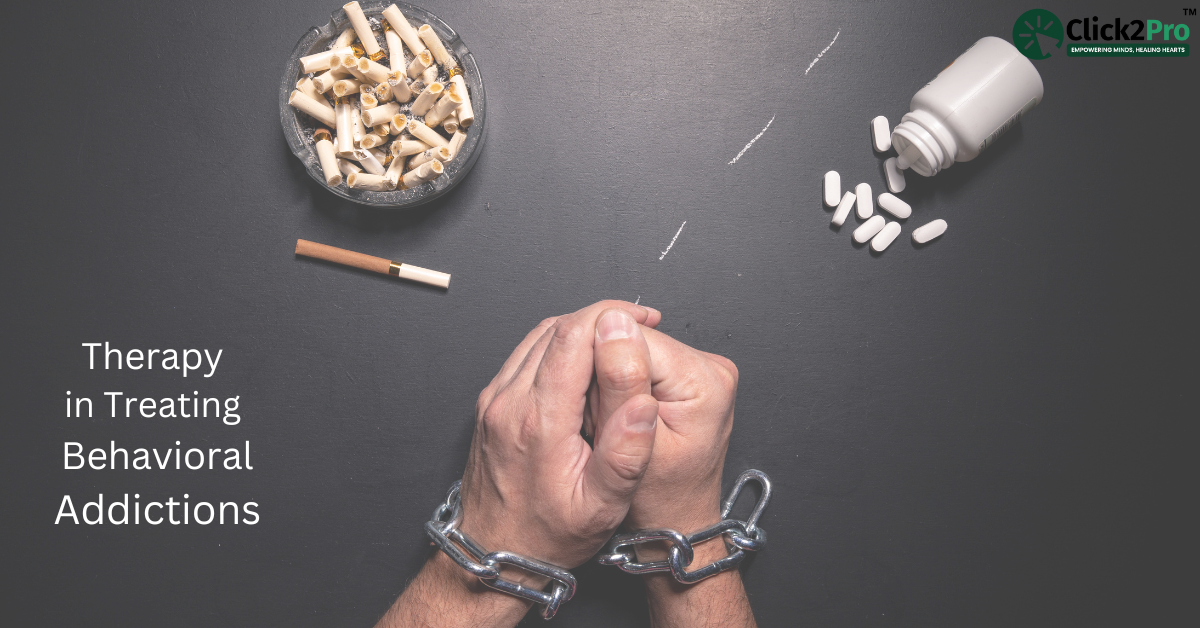 Hands in chains surrounded by cigarettes, pills, and lines, symbolizing behavioral addictions.