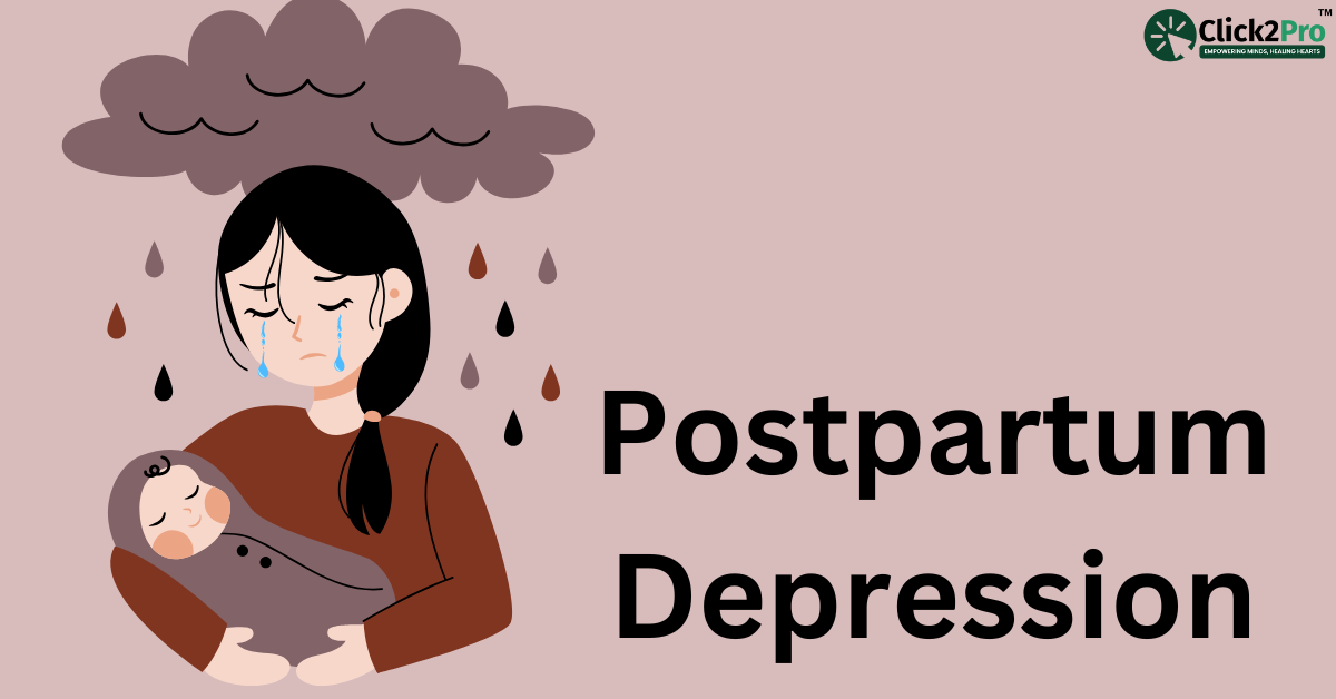 Illustration of Postpartum Depression: A new mother experiencing sadness and anxiety with her baby.