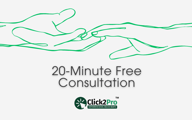 Click2Pro 20-minute free consultation offer with illustration of two hands reaching out