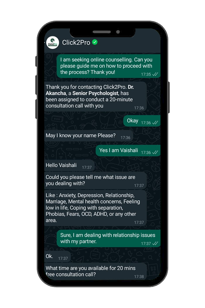 Chat conversation on Click2Pro mobile app for scheduling a 20-minute free consultation