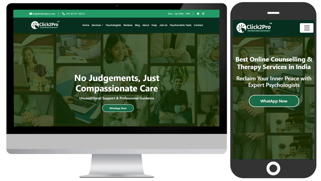 Click2Pro homepage on computer screen displaying holistic, personalized, confidential therapy
