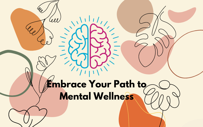 Illustration of a brain with floral elements and text 'Embrace Your Path to Mental Wellness'