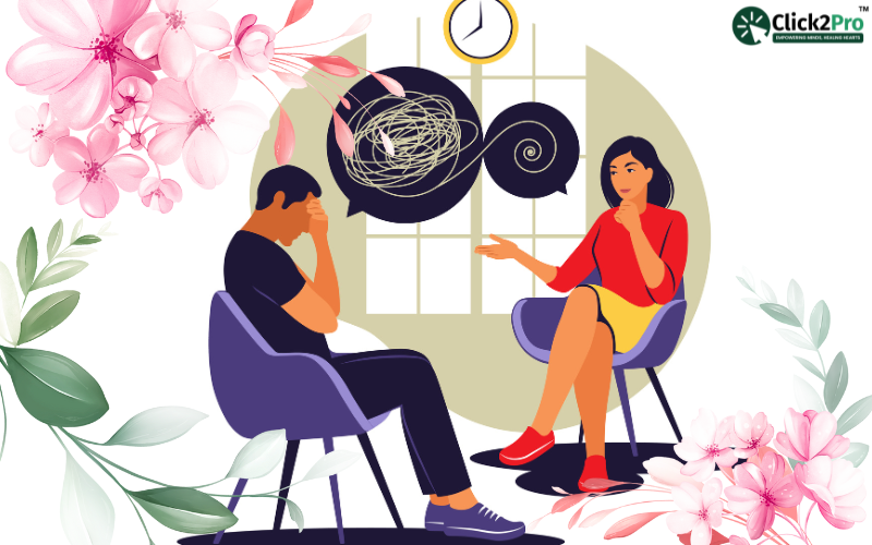 Illustration of a counselling session with a therapist and client at Click2Pro